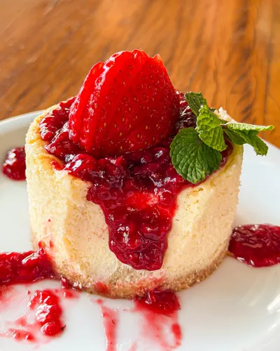 Cheesecake light coberto com calda e morango, finalizado com hortelã
